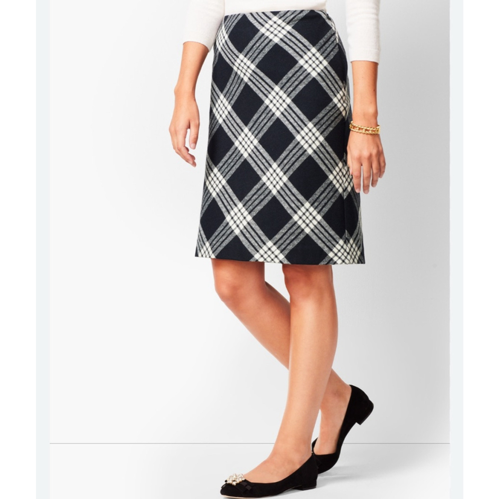 Talbots Pencil Skirt Black White Plaid Wool Blend Lined Size 6
